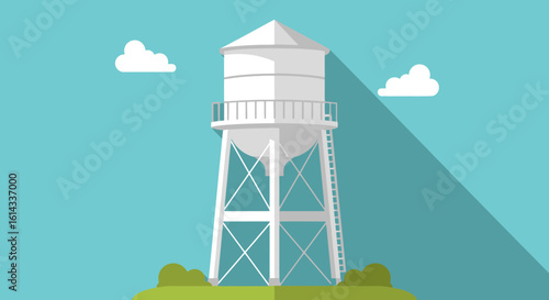 Geometric water tower structure standing tall in a minimalist landscape with clouds, providing a vital resource  in the community