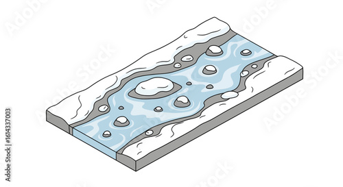 Riverbed with Pebbles and Water Flow Isometric View