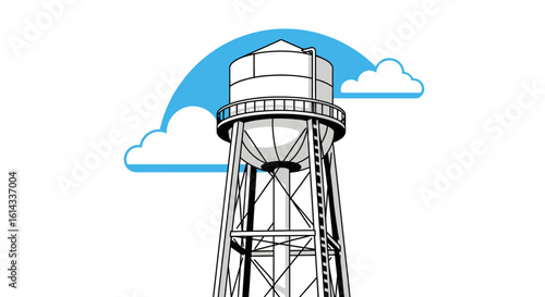 Stylized water tower illustration against a white backdrop with blue sky and clouds illustration