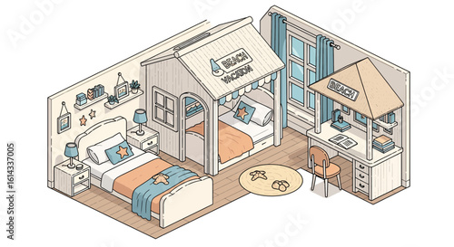 Kids bedroom interior with bunk bed and study area
