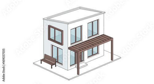 Modern house facade with porch and bench isometric view