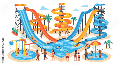 Vibrant Water Park Adventure Cartoon Illustration Showcasing Fun and Thrills on Slides and Pools for an Enjoyable Summer Experience