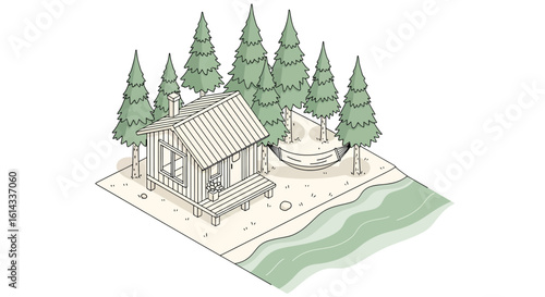 Cabin in woods by lake with hammock flat style
