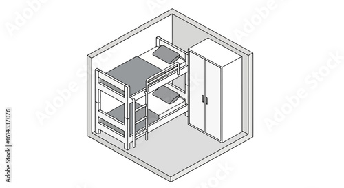 Bunk bed room interior with wardrobe storage space