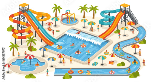 Animated summertime water park scene illustrating playful water activities and relaxation opportunities for families and vacationers seeking