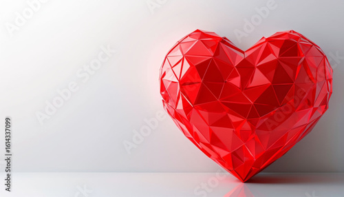 Red heart in low poly design with gradient background with space for text