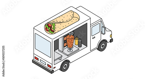 Food Truck with Shawarma Flat Style Isometric View