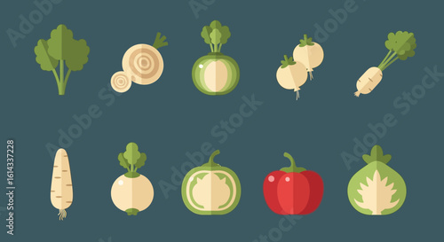 Assortment of Fresh Vegetables Flat Design Graphic Featuring Carrots, Turnips and Peppers in a Simple Composition
