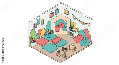 Playroom interior with beanbags and toys for kids