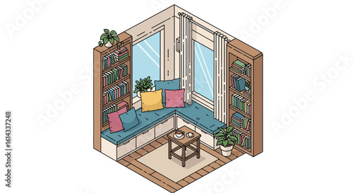 Cozy window nook with books and cushions