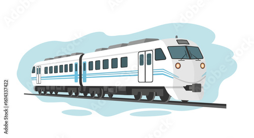 Stylized illustration of a modern electric train, clean and vibrant color palette, isolated on a white background with a subtle blue backdrop