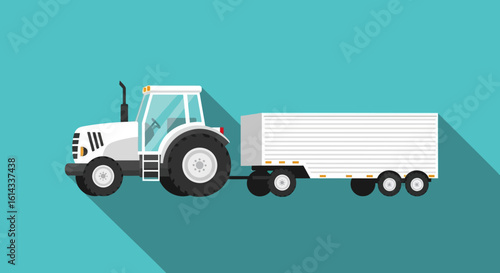 Sleek Vector Illustration of a White Tractor with Trailer on a Teal Background, Evoking Rural Life and Modern Design