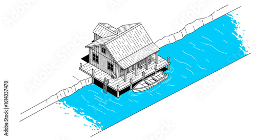 Floating house on water, rustic cabin, lake dwelling