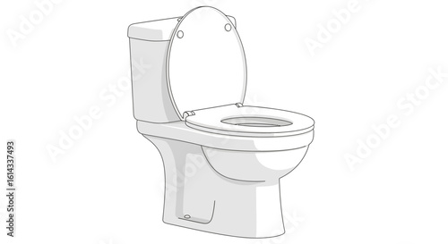 Detailed Line Drawing of a Ceramic Toilet Fixture with Open Seat and Lid Design, Presented on a Clean White Background