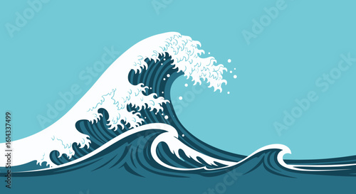 Stylized Ocean Wave Illustration with Blue Sky Backdrop, Depicting Powerful Surge and Serenity in a Harmonious Composition