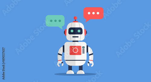 Friendly robot chatting with speech bubbles on blue background depicts conversational ai concept illustration