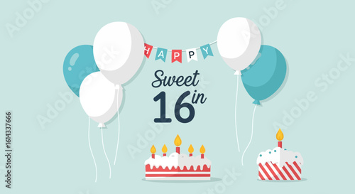 Wallpaper Mural Celebratory Sweet Sixteen Design with Festive Balloons and Delightful Cakes Creation Torontodigital.ca