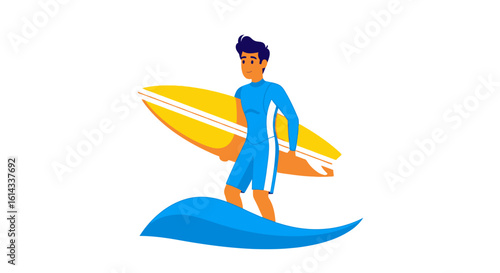 Aspirational Surfer Dude Graphic: Man with Board Riding Symbolic Wave Depicting Summer  Lifestyle and Coastal Activities