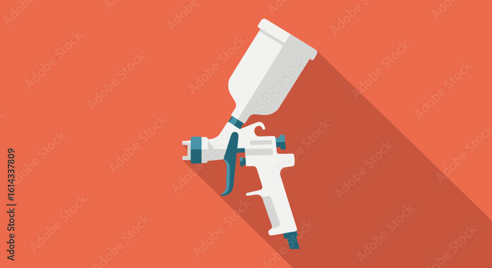 Stylized spray gun illustration with vibrant coral backdrop and elongated shadow casting a sense of depth Stylized spray gun illustration with vibrant coral backdrop and elongated shadow casting a sense of depth