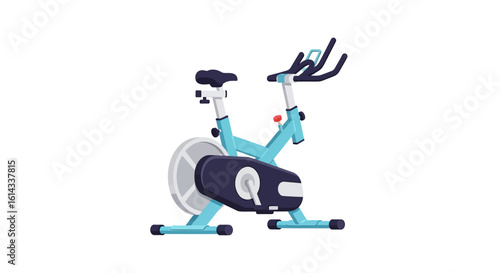 Stylized indoor cycling bike in light blue and navy on clean white backdrop ideal for illustrating fitness and active lifestyles