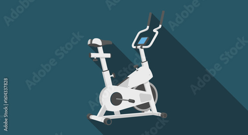 Indoor cycling bike, illustration of stationary bicycle for fitness and cardio workout with a long shadow on dark cyan background