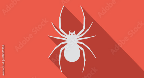 Simplified spider representation with elongated shadow on a coral backdrop creates a modern graphical art piece