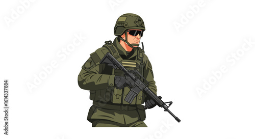 Cartoon soldier in military uniform holding rifle isolated on white background, detailed illustration for army concept design