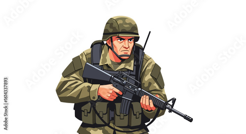 Cartoon Illustration of a Determined Soldier Holding a Rifle Against a White Backdrop Representing Military Readiness and Vigilance