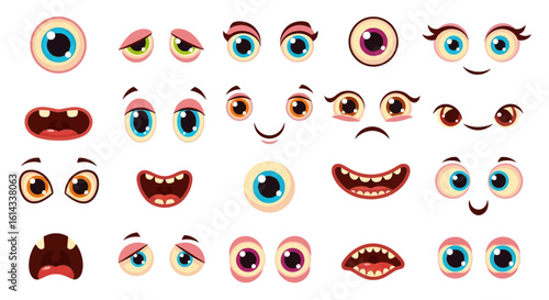 Collection of expressive cartoon eyes and mouths, design elements for various emotional expressions and creative visual storytelling in media projects