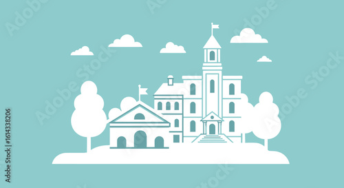Serene university campus illustration with elegant architecture on a peaceful, stylized college campus with clean lines and minimalist design