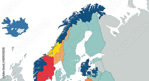 Regional division of Scandinavia: A detailed color-coded map emphasizing geographic boundaries and national territories of the Nordic countries of