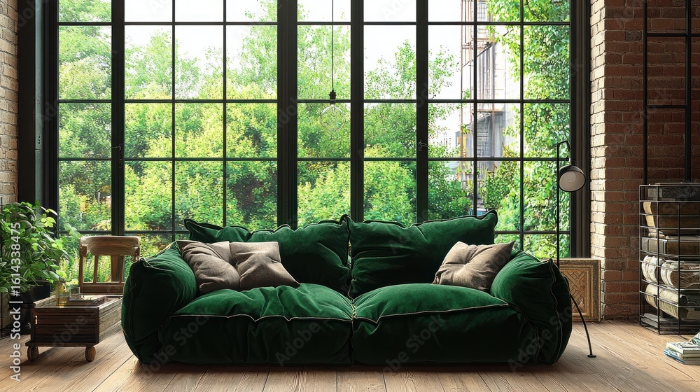Fototapeta premium Modern Loft Living Room with Green Sofa