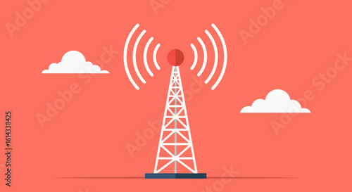 Communication tower broadcasting signals amid serene clouds symbolizing connectivity and modern technology infrastructure extending far