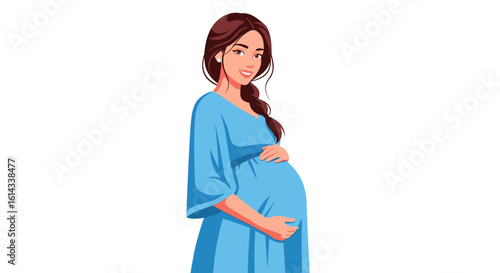 Elegant vector illustration depicting a serene pregnant woman in a blue dress radiating anticipation for motherhood
