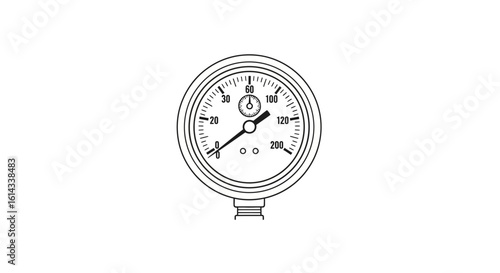Technical illustration: Precise pressure gauge depiction outlining measurement parameters and indicating levels in machinery component application