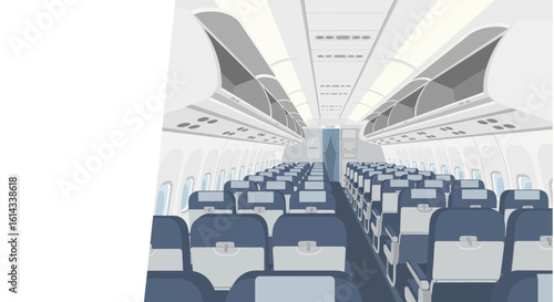 Aircraft cabin interior showcasing passenger seats and overhead compartments during a flight preparation stage