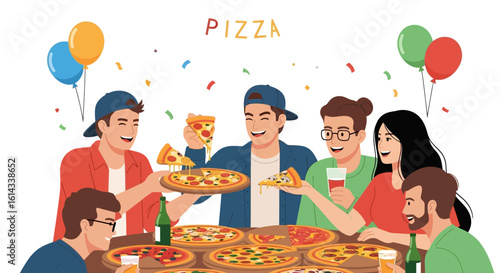Festive Pizza Celebration: A Gathering of Friends Enjoying Delicious Food and Drinks at a Joyful Party with Balloons and Confetti