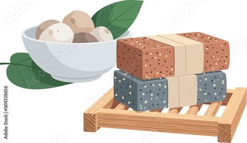 Stacked Handmade Soaps on Wooden Holder with Bowl of Mushrooms