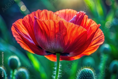 Vibrant Red Poppy Flower in Sunlight, Showing Delicate Petals and Green Bud