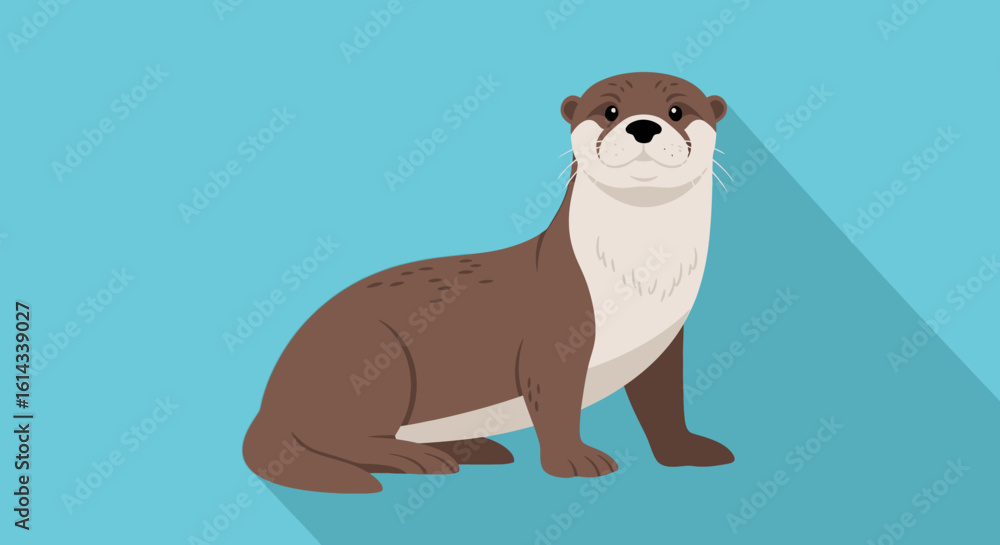 Fototapeta premium Adorable Cartoon Otter Illustration on Pastel Blue Background, Perfect for Children's Content and Educational Materials