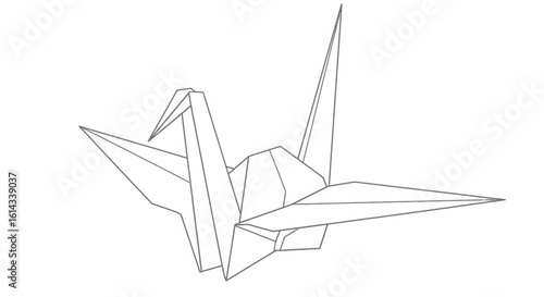 Geometric paper crane outline illustration on plain white background, showcasing a minimalist, clean design with precise folds that emphasize the form