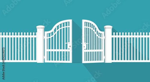 Serene Entrance: An Open White Gate and Fence Symbolizing Opportunity and Welcome amidst Tranquil Turquoise Backdrop
