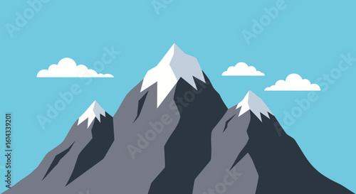 Vector illustration showcasing snow-capped mountain peaks against a clear blue sky with whimsical cloud formations forming a serene landscape
