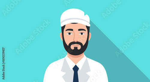 Illustration of a medical professional wearing a coat and surgical cap against blue background design for hospital and medical themes