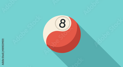 Retro Style Eight Ball Illustration with Long Shadow Against Light Teal Background and a Minimalist, Flat Design Creating a Clean and Modern Look