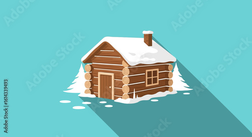 Whimsical winter refuge: Illustration of a snug log cabin nestled amid snow-covered pines on a serene backdrop