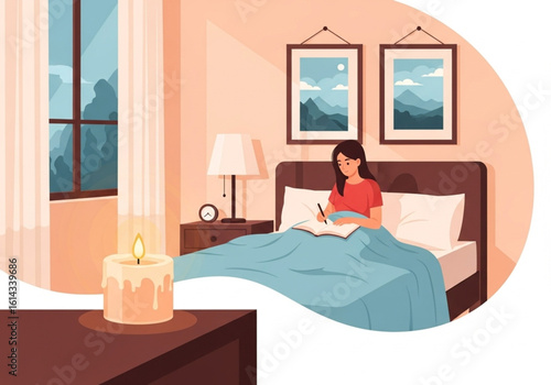 Flat vector illustration of a bedroom scene with candle and person writing in a diary

