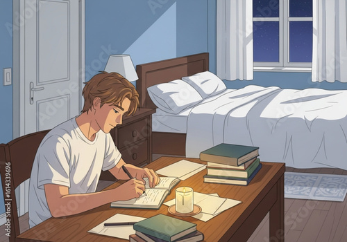 Flat vector illustration of a bedroom scene with candle and person writing in a diary

