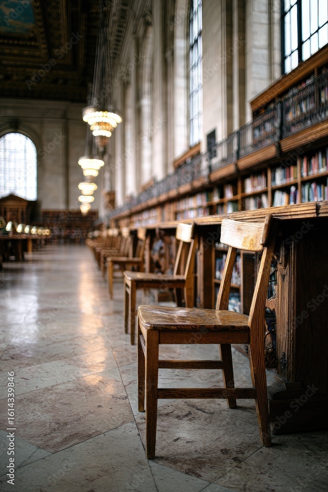 Naklejka premium Empty library chairs line a hallway
