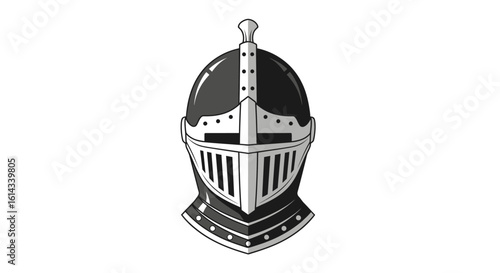 Stylized depiction of a medieval knight's helmet, rendered in grayscale tones and isolated against a stark white background reflecting valor and